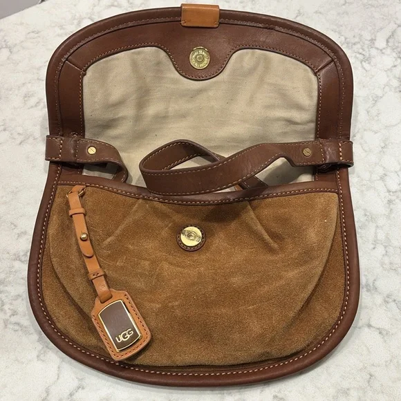 UGG Australia Brown Tan Leather Suede Crossbody Messenger Purse - Picture 7 of 10